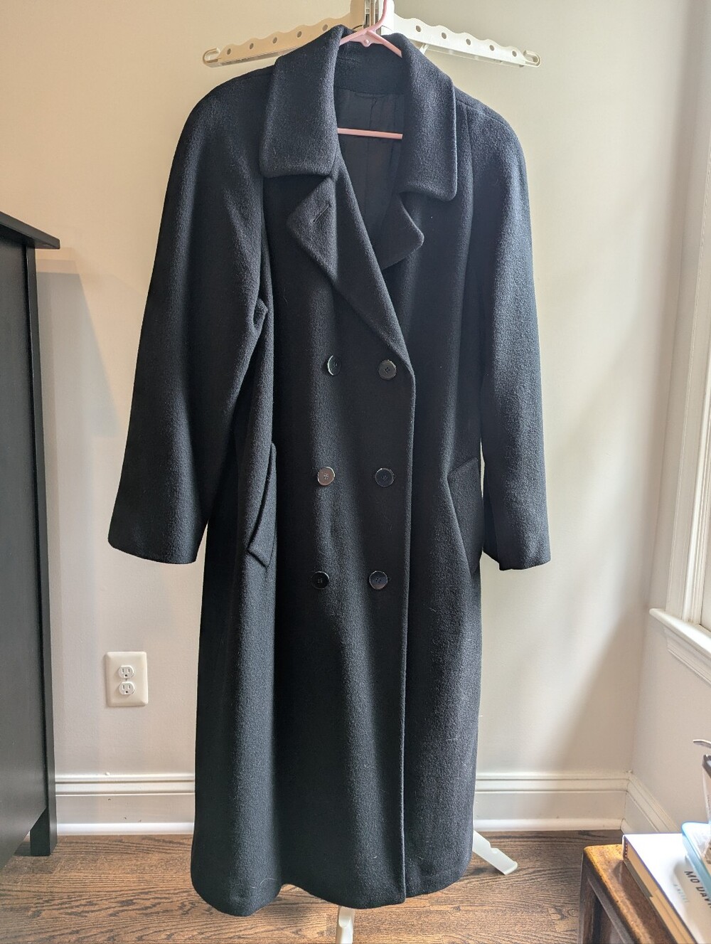 Vintage Regency Pure Cashmere Black Long Double Breasted Trench Overcoat